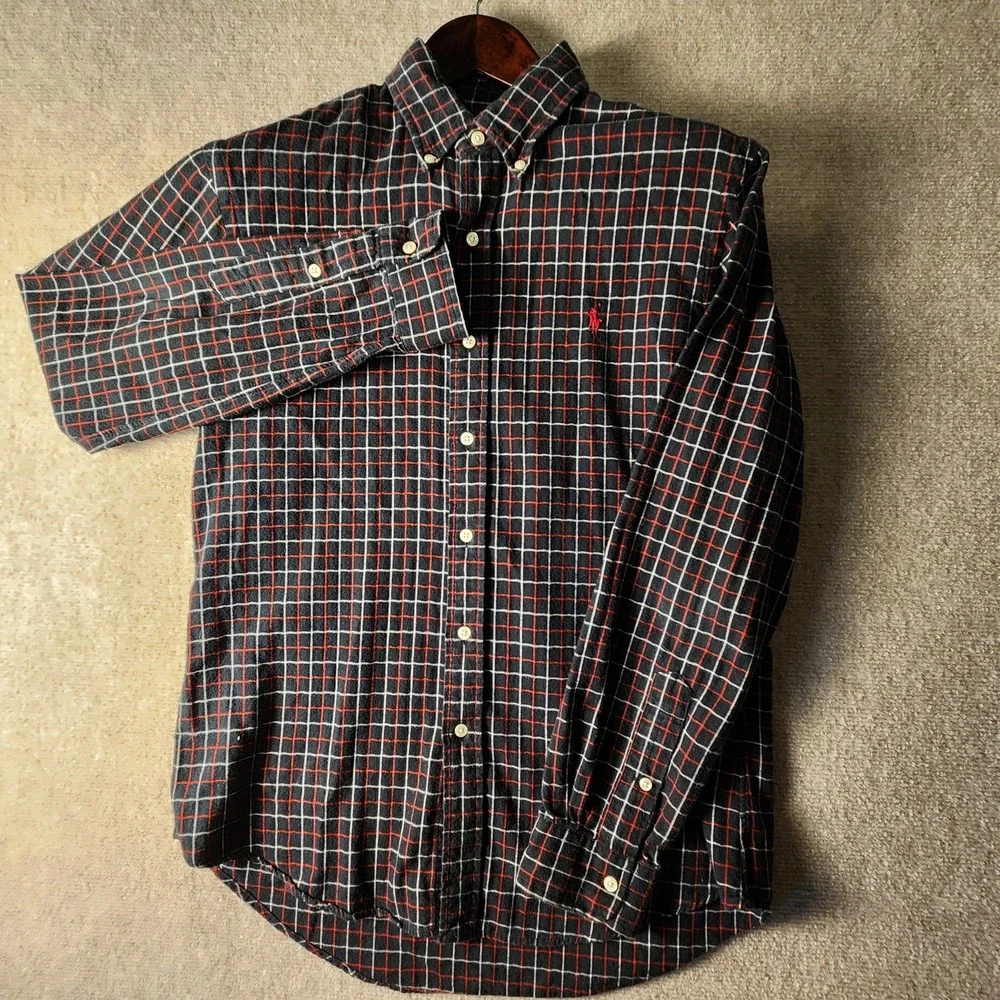 Polo‎ Ralph Lauren Button Down Shirt Mens L Black Red Plaid Flannel Pony Logo